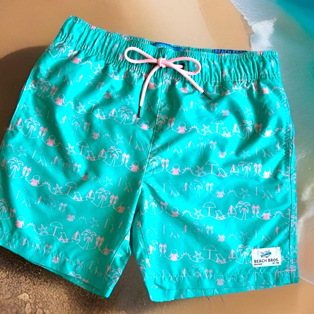 SALE! Beach Bros Surf Shop Men’s Swim Trunks Teal Tropical Mesh BIB M